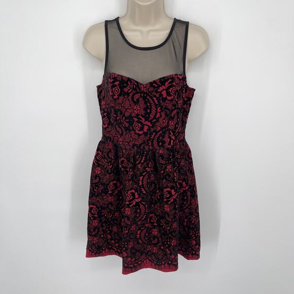 Trixxi Fit & Flare Dress Junior L Red Black Velvet Lace Pattern Sheer Shoulder - Picture 1 of 9